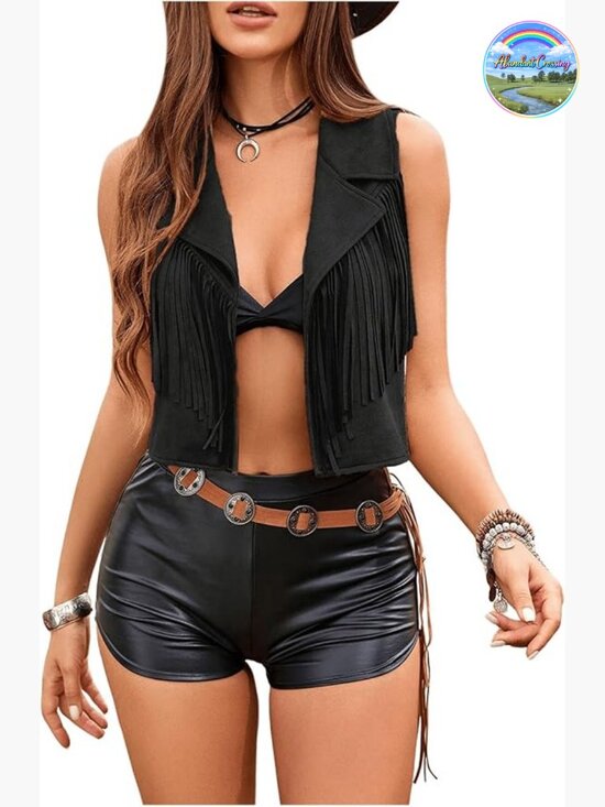 Jackets & Blazers - Tassel Fringe Open Front Crop Vest Sleeveless Hippie Cowgirl Outfit